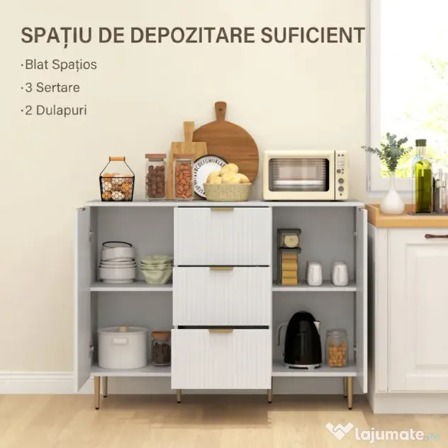 HOMCOM Dulap de Depozitare pentru Bucatarie cu 3 Sertare, Rafturi Reglabile și Picioare Metalice, 120x40x89,5 cm, Alb | Aosom Romania