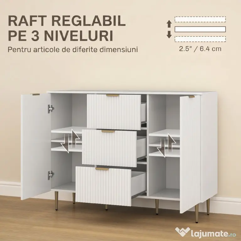 HOMCOM Dulap de Depozitare pentru Bucatarie cu 3 Sertare, Rafturi Reglabile și Picioare Metalice, 120x40x89,5 cm, Alb | Aosom Romania