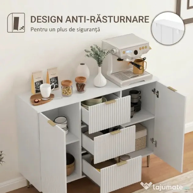 HOMCOM Dulap de Depozitare pentru Bucatarie cu 3 Sertare, Rafturi Reglabile și Picioare Metalice, 120x40x89,5 cm, Alb | Aosom Romania