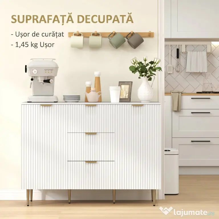 HOMCOM Dulap de Depozitare pentru Bucatarie cu 3 Sertare, Rafturi Reglabile și Picioare Metalice, 120x40x89,5 cm, Alb | Aosom Romania