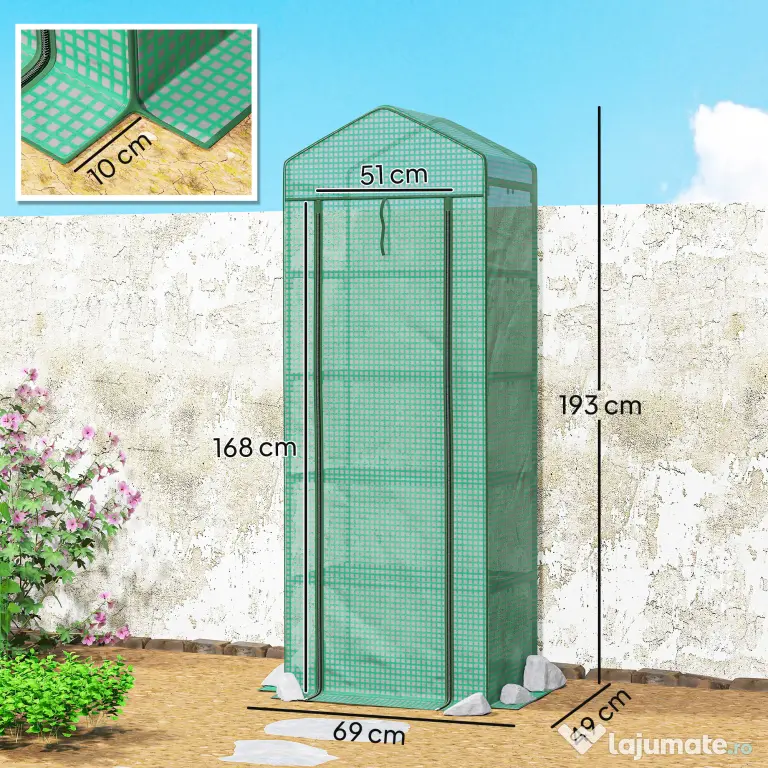 Outsunny Seră de grădină balcon etajere seră 5 niveluri 0,69 x 0,49 x 1,93 m oțel folie rulabilă PE verde | Aosom Romania
