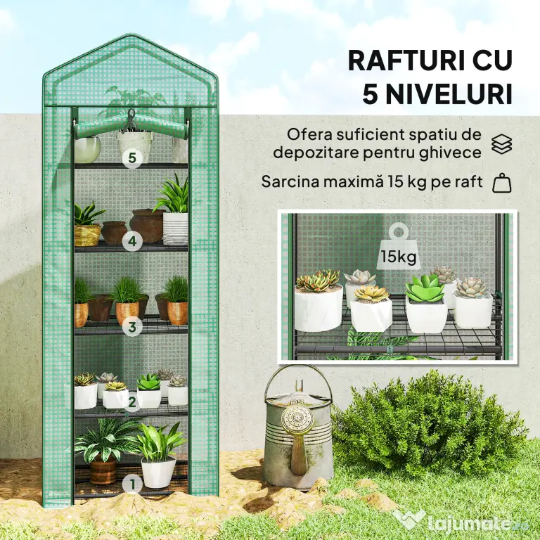 Outsunny Seră de grădină balcon etajere seră 5 niveluri 0,69 x 0,49 x 1,93 m oțel folie rulabilă PE verde | Aosom Romania