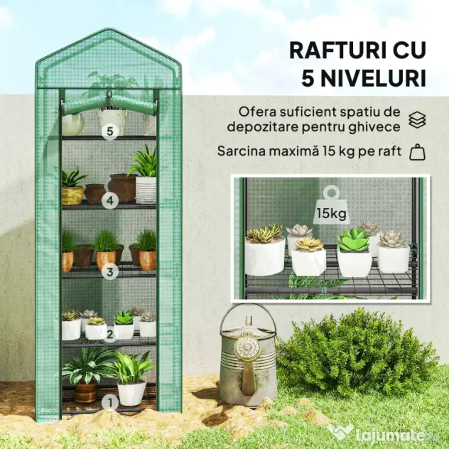 Outsunny Seră de grădină balcon etajere seră 5 niveluri 0,69 x 0,49 x 1,93 m oțel folie rulabilă PE verde | Aosom Romania