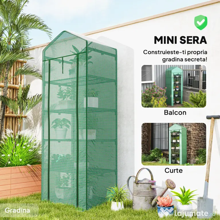 Outsunny Seră de grădină balcon etajere seră 5 niveluri 0,69 x 0,49 x 1,93 m oțel folie rulabilă PE verde | Aosom Romania