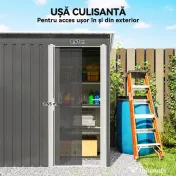 Outsunny Adăpost Unelte cu Acoperiș Înclinat și Ușă Glisantă, din Oțel și PP, 163x89x182 cm, Gri Deschis | Aosom Romania 