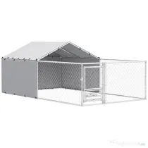 PawHut Țarc pentru Câini de Exterior cu Acoperiș Anti-UV Impermeabil și Boluri Rotative, 400x230x150 cm, Argintiu | Aosom Romania