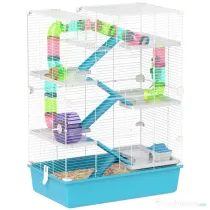 PawHut Cușcă pentru Hamsteri cu 6 Nivele, Tuneluri, Căsuță, Sticlă de Apă, Rampe, 2 Uși și Roată, 58x36x81 cm, Albastru | Aosom Romania