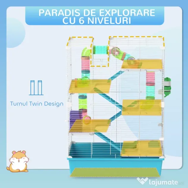 PawHut Cușcă pentru Hamsteri cu 6 Nivele, Tuneluri, Căsuță, Sticlă de Apă, Rampe, 2 Uși și Roată, 58x36x81 cm, Albastru | Aosom Romania