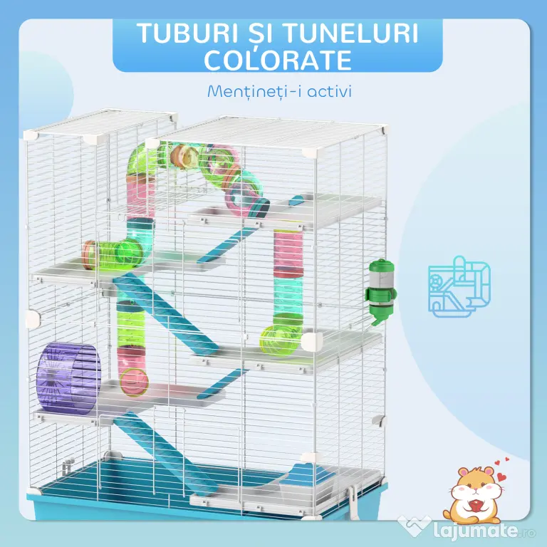 PawHut Cușcă pentru Hamsteri cu 6 Nivele, Tuneluri, Căsuță, Sticlă de Apă, Rampe, 2 Uși și Roată, 58x36x81 cm, Albastru | Aosom Romania