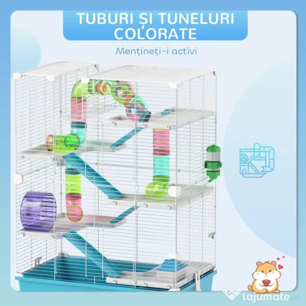 PawHut Cușcă pentru Hamsteri cu 6 Nivele, Tuneluri, Căsuță, Sticlă de Apă, Rampe, 2 Uși și Roată, 58x36x81 cm, Albastru | Aosom Romania