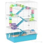PawHut Cușcă pentru Hamsteri cu 6 Niveluri, Tunel, Roată, Rampe, Căsuță, Sticlă și Bol, Albastră