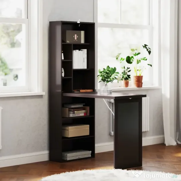 HOMCOM Birou Modern Pliabil cu Bibliotecă și Tablă, din Lemn și Metal, 98x51x153 cm, Maro | Aosom Romania