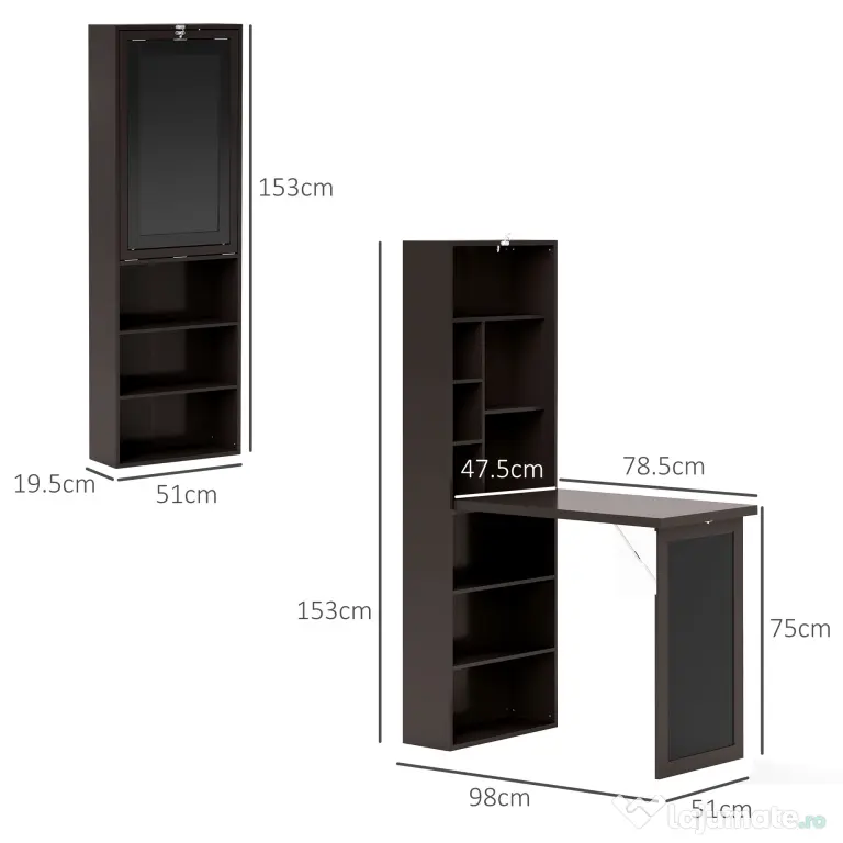 HOMCOM Birou Modern Pliabil cu Bibliotecă și Tablă, din Lemn și Metal, 98x51x153 cm, Maro | Aosom Romania