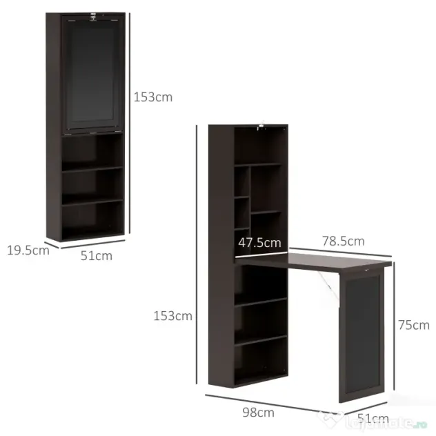 HOMCOM Birou Modern Pliabil cu Bibliotecă și Tablă, din Lemn și Metal, 98x51x153 cm, Maro | Aosom Romania
