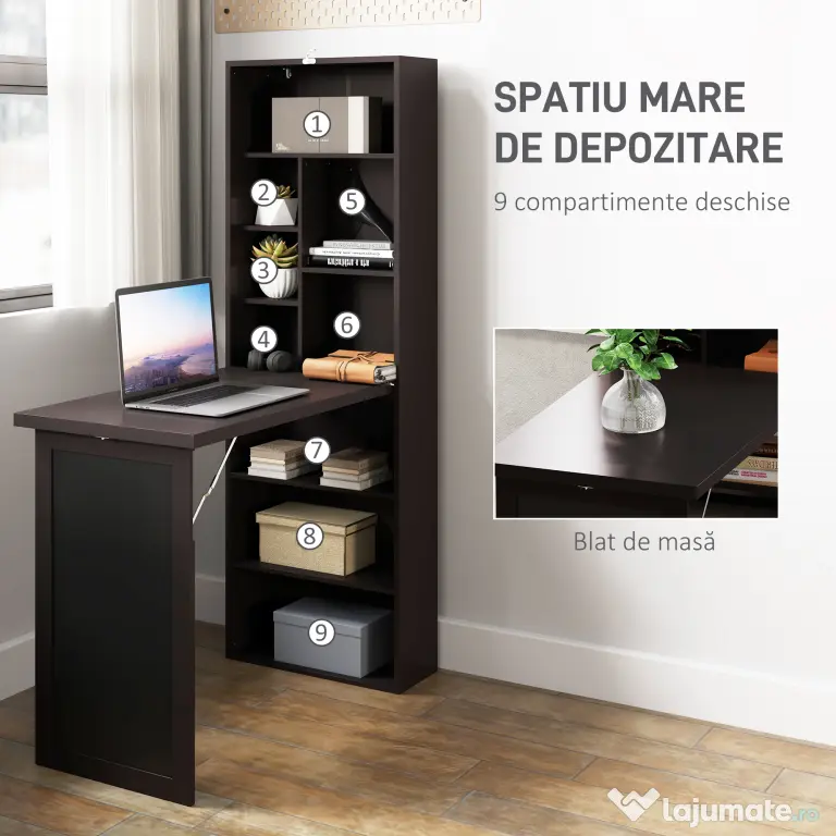 HOMCOM Birou Modern Pliabil cu Bibliotecă și Tablă, din Lemn și Metal, 98x51x153 cm, Maro | Aosom Romania