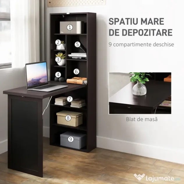 HOMCOM Birou Modern Pliabil cu Bibliotecă și Tablă, din Lemn și Metal, 98x51x153 cm, Maro | Aosom Romania