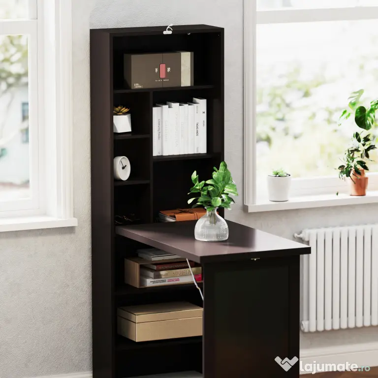 HOMCOM Birou Modern Pliabil cu Bibliotecă și Tablă, din Lemn și Metal, 98x51x153 cm, Maro | Aosom Romania