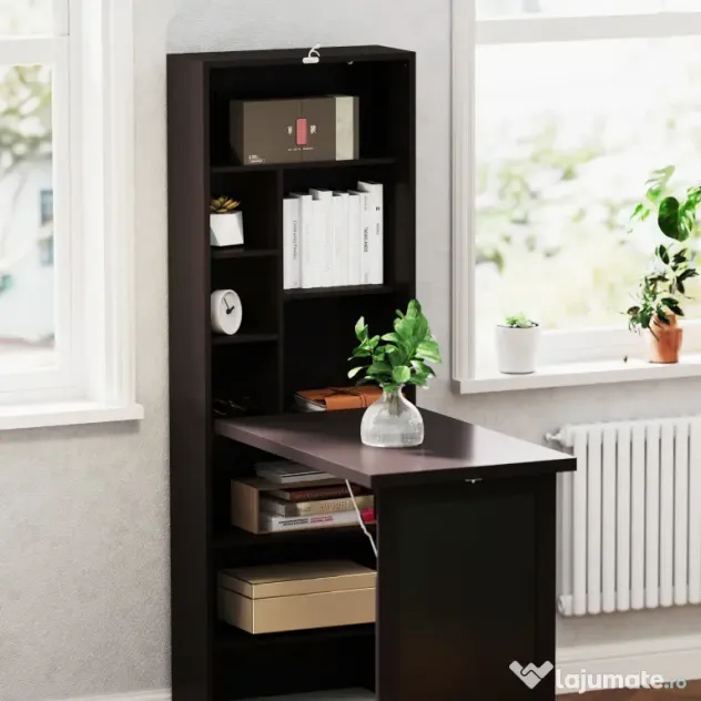 HOMCOM Birou Modern Pliabil cu Bibliotecă și Tablă, din Lemn și Metal, 98x51x153 cm, Maro | Aosom Romania