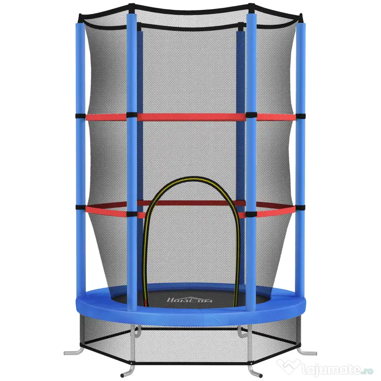 HOMCOM Saltea Elastică pentru Copii 3-6 Ani cu Plasă de Protecție, 6 Stâlpi și 3 Intrări, Ø140x190 cm, Albastru | Aosom Romania