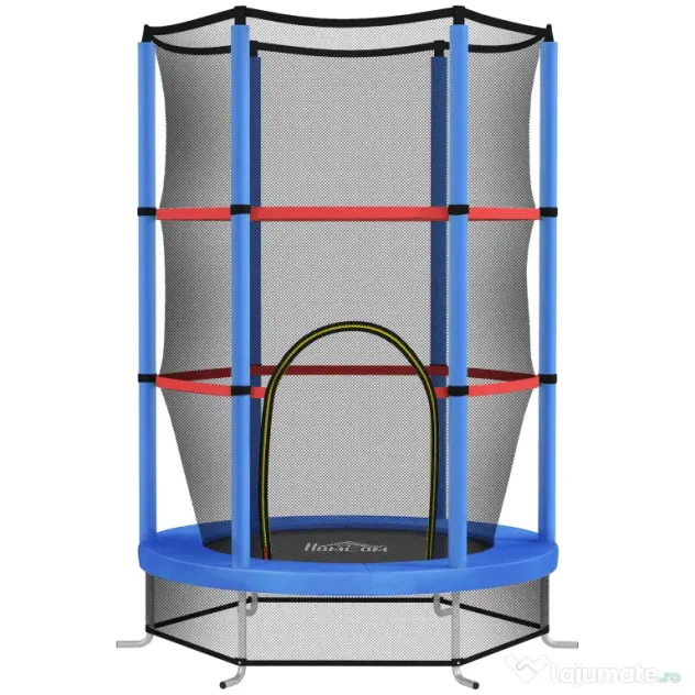 HOMCOM Saltea Elastică pentru Copii 3-6 Ani cu Plasă de Protecție, 6 Stâlpi și 3 Intrări, Ø140x190 cm, Albastru | Aosom Romania