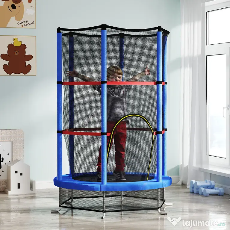 HOMCOM Saltea Elastică pentru Copii 3-6 Ani cu Plasă de Protecție, 6 Stâlpi și 3 Intrări, Ø140x190 cm, Albastru | Aosom Romania