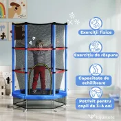 HOMCOM Saltea Elastică pentru Copii 3-6 Ani cu Plasă de Protecție, 6 Stâlpi și 3 Intrări, Ø140x190 cm, Albastru | Aosom Romania 