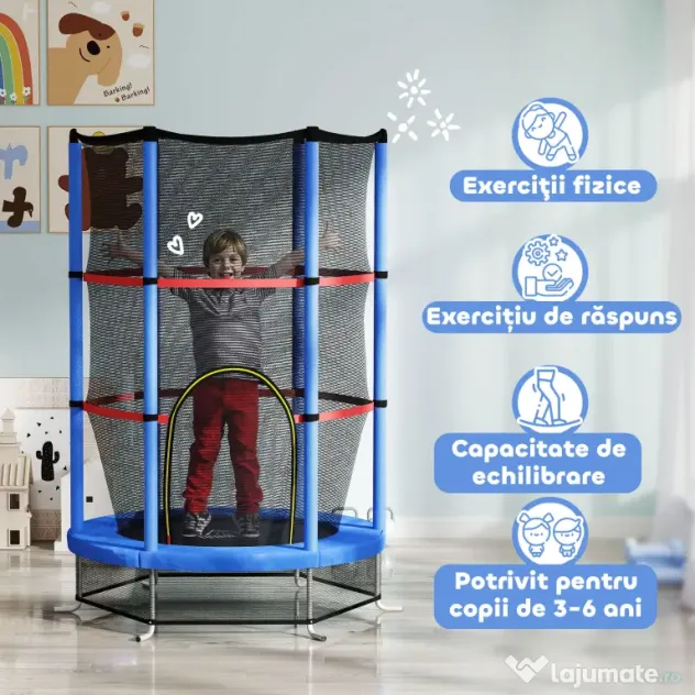 HOMCOM Saltea Elastică pentru Copii 3-6 Ani cu Plasă de Protecție, 6 Stâlpi și 3 Intrări, Ø140x190 cm, Albastru | Aosom Romania