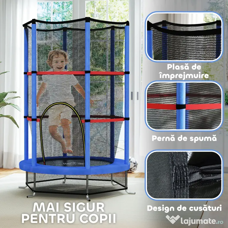 HOMCOM Saltea Elastică pentru Copii 3-6 Ani cu Plasă de Protecție, 6 Stâlpi și 3 Intrări, Ø140x190 cm, Albastru | Aosom Romania