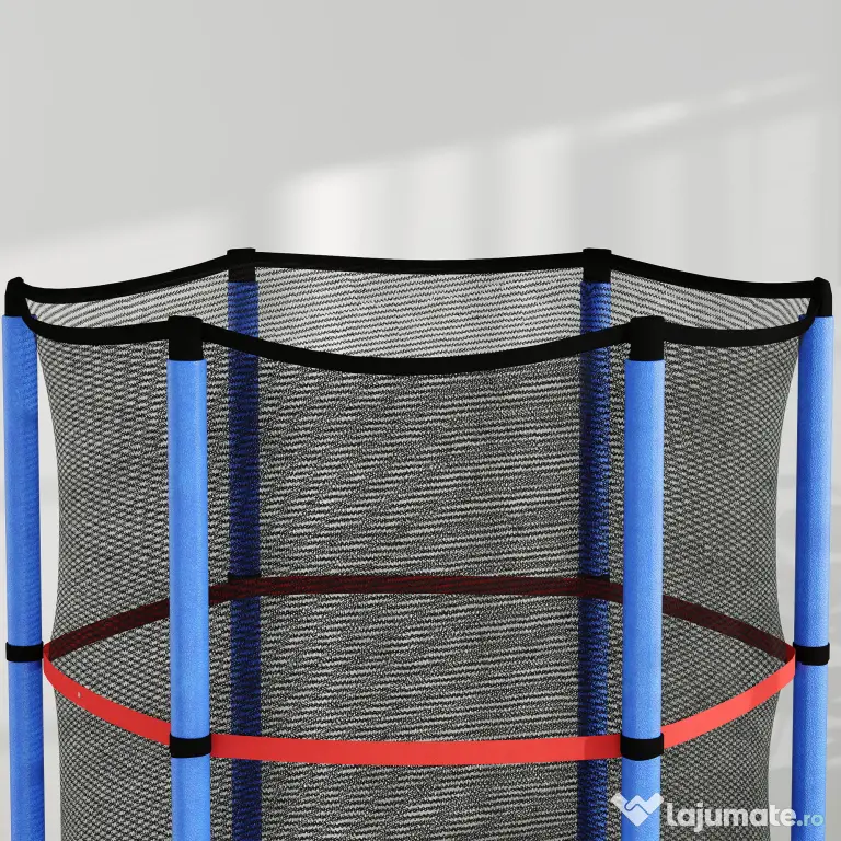 HOMCOM Saltea Elastică pentru Copii 3-6 Ani cu Plasă de Protecție, 6 Stâlpi și 3 Intrări, Ø140x190 cm, Albastru | Aosom Romania