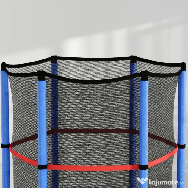 HOMCOM Saltea Elastică pentru Copii 3-6 Ani cu Plasă de Protecție, 6 Stâlpi și 3 Intrări, Ø140x190 cm, Albastru | Aosom Romania