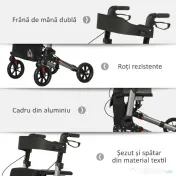 HOMCOM Cadru de Mers Pliabil cu 4 Roți, Scaun, Spătar și Înălțime Reglabilă, din Aluminiu, 63x67x80-93 cm, Negru | Aosom Romania 