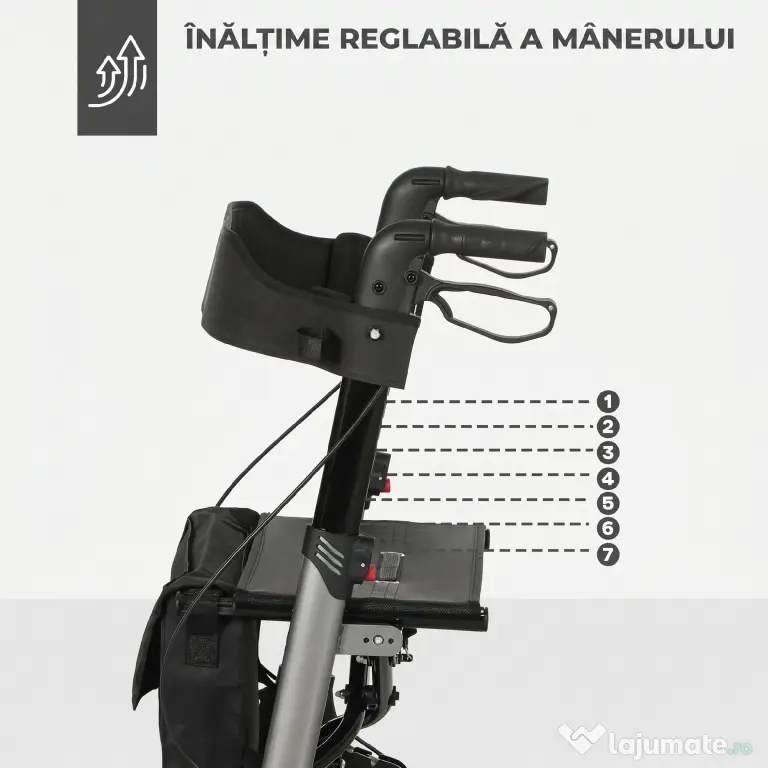HOMCOM Cadru de Mers Pliabil cu 4 Roți, Scaun, Spătar și Înălțime Reglabilă, din Aluminiu, 63x67x80-93 cm, Negru | Aosom Romania
