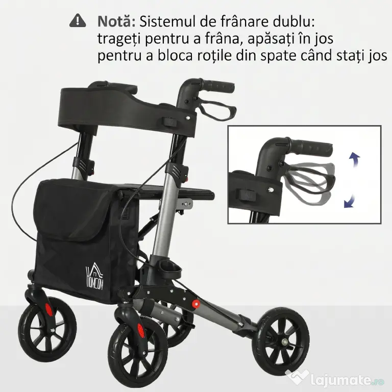 HOMCOM Cadru de mers pliabil din aluminiu, reglabil pe înălțime, cu geantă, 64x67x80-92 cm, negru și argintiu