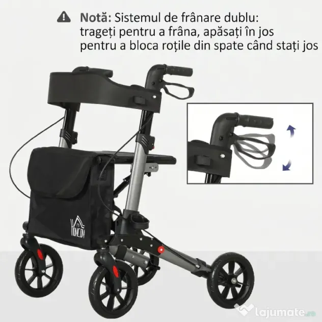 HOMCOM Cadru de mers pliabil din aluminiu, reglabil pe înălțime, cu geantă, 64x67x80-92 cm, negru și argintiu