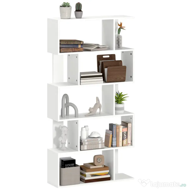 HOMCOM Bibliotecă Asimetrică în Formă de S cu 5 Niveluri și 10 Rafturi Deschise, 80x24x159 cm, Alb | Aosom Romania