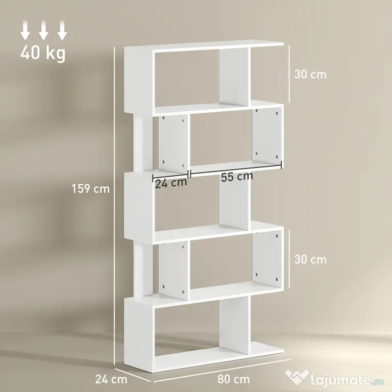 HOMCOM Bibliotecă Asimetrică în Formă de S cu 5 Niveluri și 10 Rafturi Deschise, 80x24x159 cm, Alb | Aosom Romania