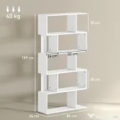 HOMCOM Bibliotecă Asimetrică în Formă de S cu 5 Niveluri și 10 Rafturi Deschise, 80x24x159 cm, Alb | Aosom Romania 