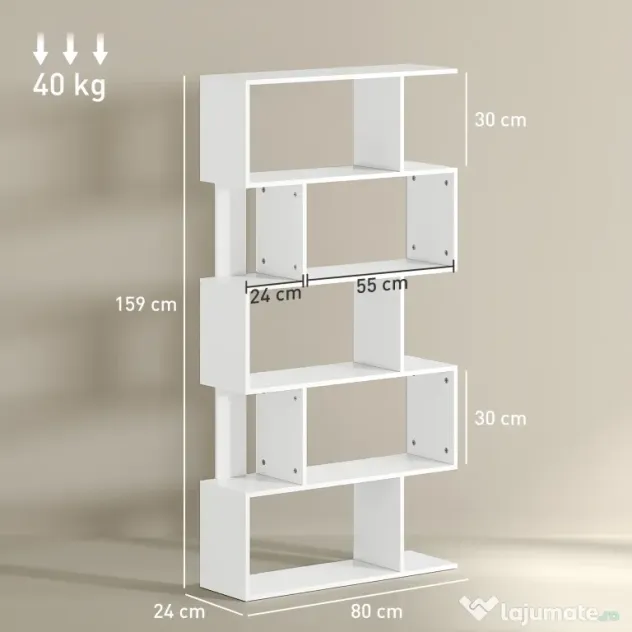HOMCOM Bibliotecă Asimetrică în Formă de S cu 5 Niveluri și 10 Rafturi Deschise, 80x24x159 cm, Alb | Aosom Romania