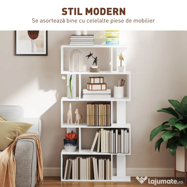 HOMCOM Bibliotecă Asimetrică în Formă de S cu 5 Niveluri și 10 Rafturi Deschise, 80x24x159 cm, Alb | Aosom Romania