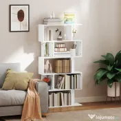 HOMCOM Bibliotecă Asimetrică în Formă de S cu 5 Niveluri și 10 Rafturi Deschise, 80x24x159 cm, Alb | Aosom Romania 