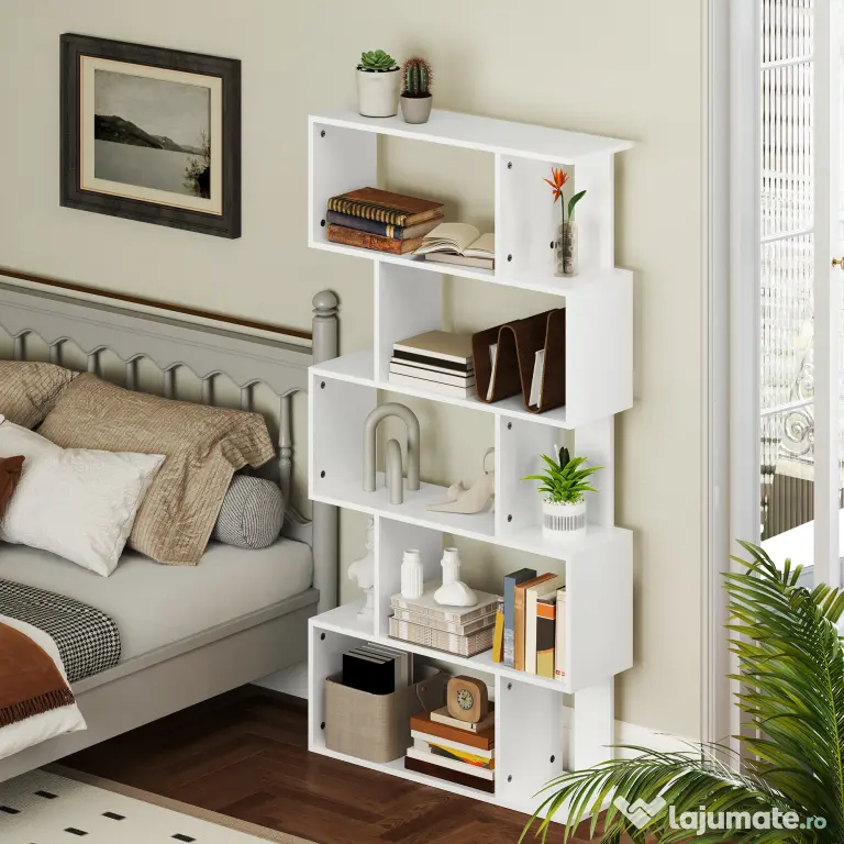 HOMCOM Bibliotecă Asimetrică în Formă de S cu 5 Niveluri și 10 Rafturi Deschise, 80x24x159 cm, Alb | Aosom Romania