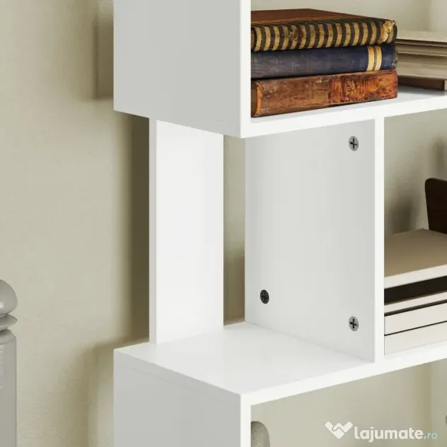 HOMCOM Bibliotecă Asimetrică în Formă de S cu 5 Niveluri și 10 Rafturi Deschise, 80x24x159 cm, Alb | Aosom Romania