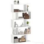 HOMCOM Bibliotecă Asimetrică în Formă de S cu 5 Niveluri și 10 Rafturi Deschise, 80x24x159 cm, Alb