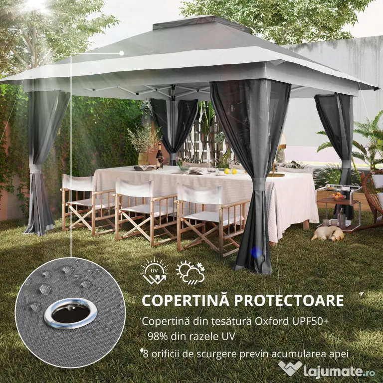 Outsunny Pavilion Pliabil cu Pereți din Plasă, Înălțime Reglabilă și Protecție UV, 356x356x280 cm, Gri | Aosom Romania