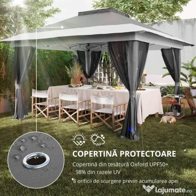Outsunny Pavilion Pliabil cu Pereți din Plasă, Înălțime Reglabilă și Protecție UV, 356x356x280 cm, Gri | Aosom Romania