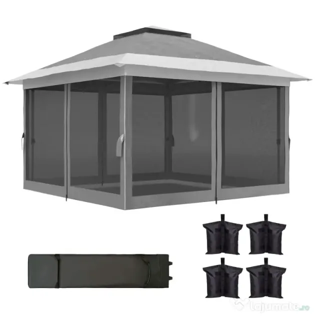 Outsunny Pavilion Pliabil cu Pereți din Plasă, Înălțime Reglabilă și Protecție UV, 356x356x280 cm, Gri | Aosom Romania