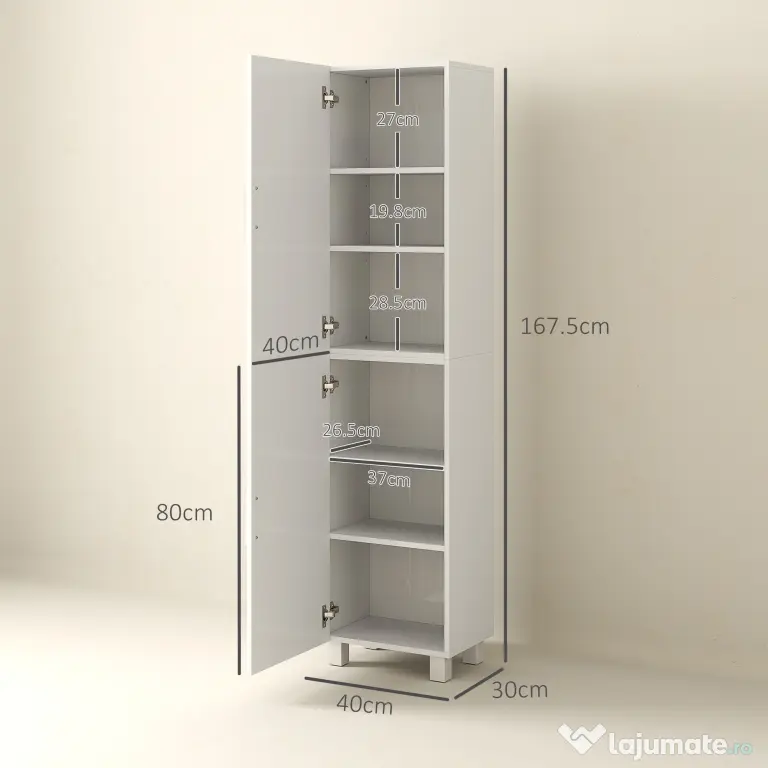 HOMCOM Dulap Baie Modern, Dulap Înalt de Baie cu Două Uși și Rafturi Reglabile din Lemn, 40x30x167,5 cm, Alb Lucios | Aosom Romania
