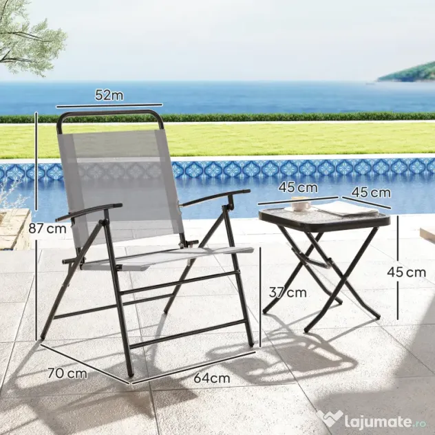 Outsunny Set Mobilier de Grădină din 3 Piese cu Scaune cu Spătar Reglabil și Masă, 64x70x87 cm, Gri | Aosom Romania