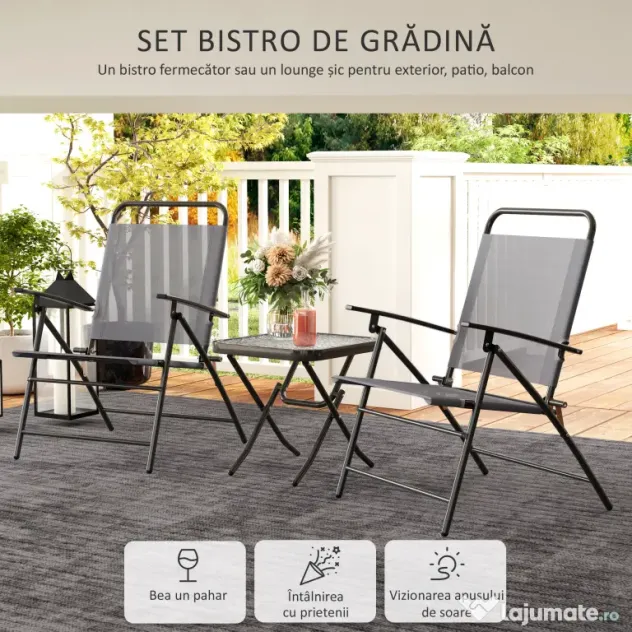 Outsunny Set Mobilier de Grădină din 3 Piese cu Scaune cu Spătar Reglabil și Masă, 64x70x87 cm, Gri | Aosom Romania