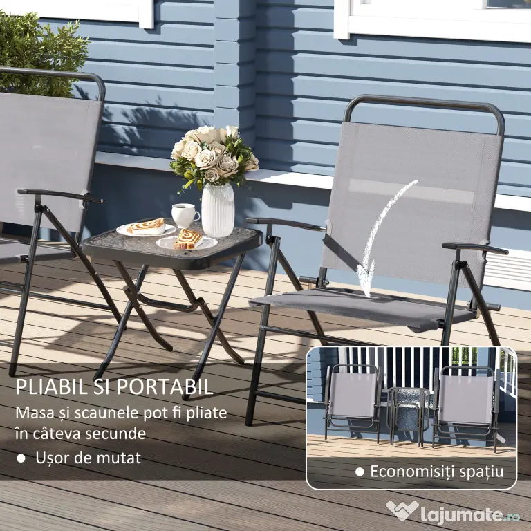 Outsunny Set Mobilier de Grădină din 3 Piese cu Scaune cu Spătar Reglabil și Masă, 64x70x87 cm, Gri | Aosom Romania